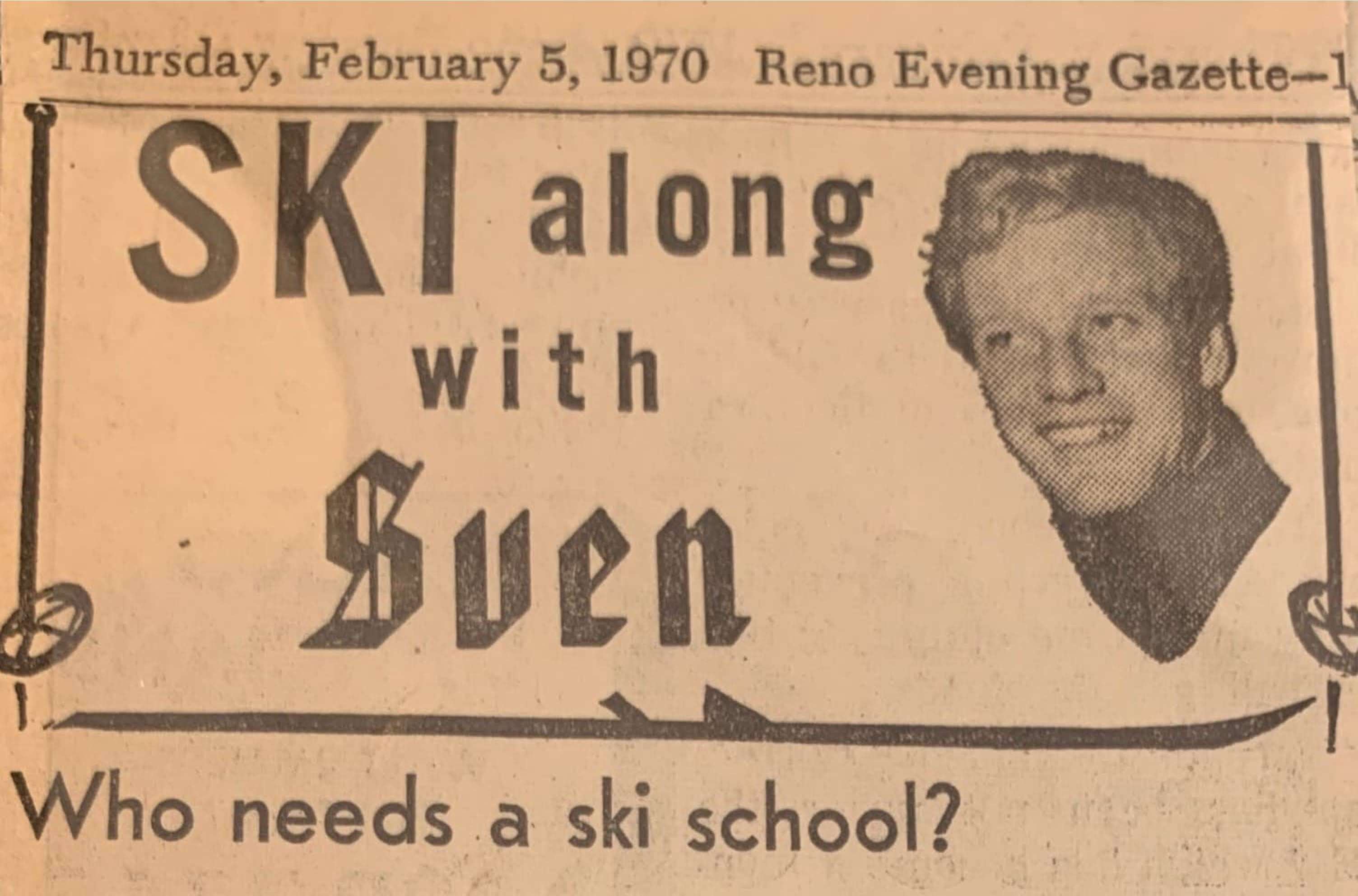Vintage newspaper clipping with a headline about skiing with Sven, dated February 5, 1970.